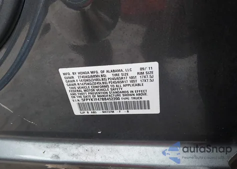 2011 Honda Ridgeline Rts z USA, uszkodzony, nr VIN 5FPYK1F47BB452200